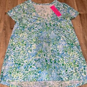 Lilly Pulitzer Etta v-neck tee Hydra blue dandy lions NWT XS